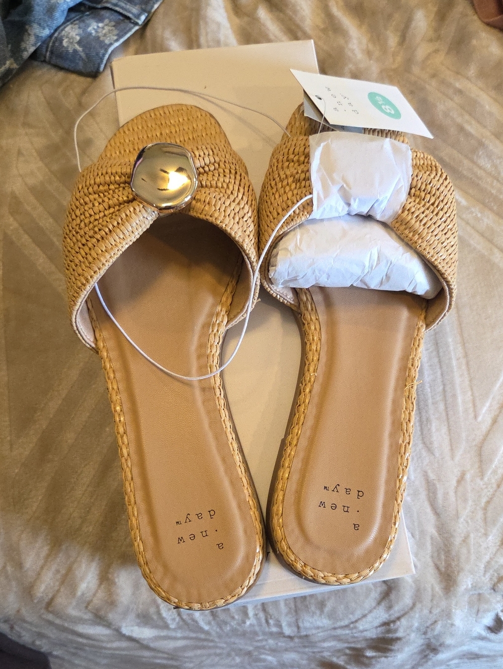 a new day Woven Tan Slide Mules with Silver Disc Accent